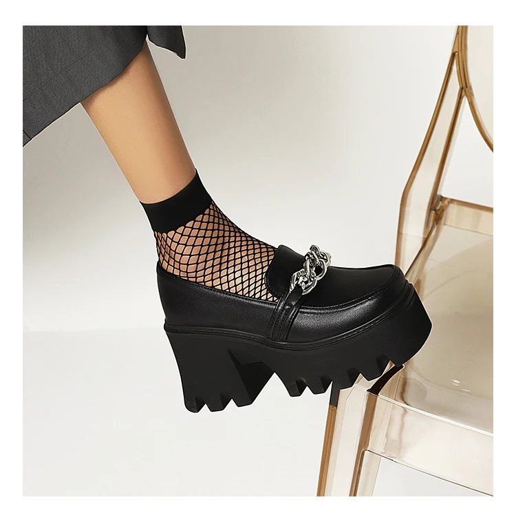 Square Toe Metal Chain Platform Street Trendy Shoes Super High Thick Heel Waterproof Platform Unisex Punk Style Fashion Pumps