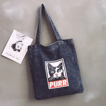 

Women Bags Denim Animal Shoulder Bag Handbags Girls Cute Cat Print Handbags Small Shopping Bag Tote Bag Traveling School Bags