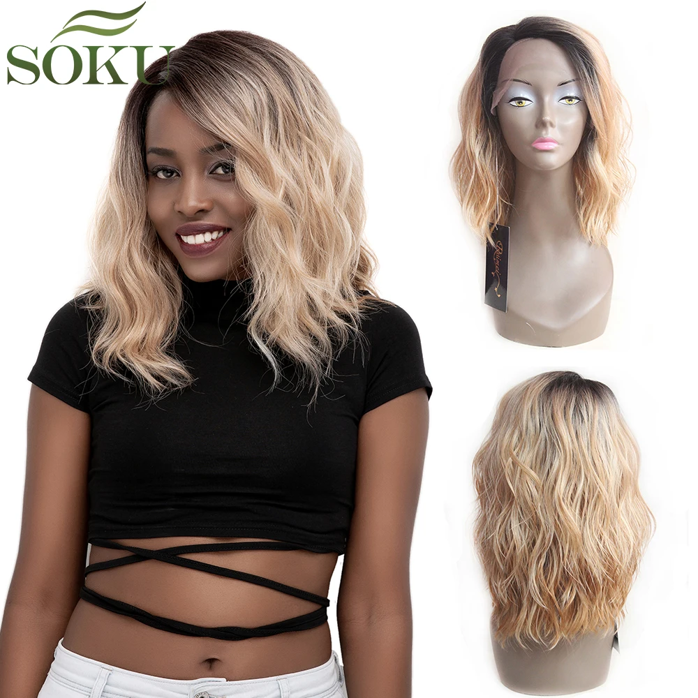 

SOKU Synthetic Lace Front Wigs Ombre Blonde Natural Wave Short Bob Wigs Shoulder Length Deep Invisible Side L Part Wig For Women