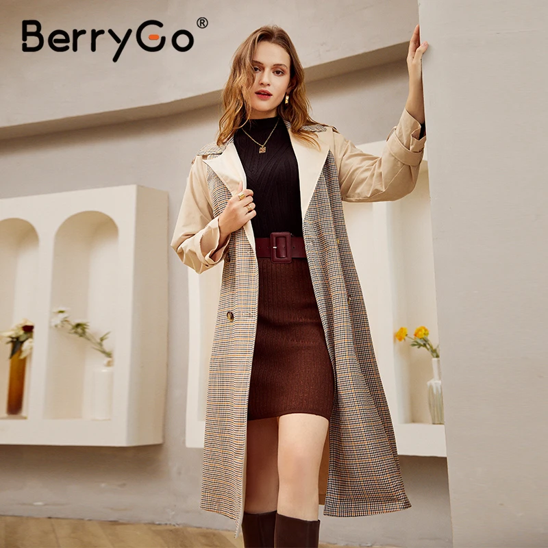 BerryGo Casual lapel women trench coat Double breasted stitching plaid female trenches High street style ladies long overcoats