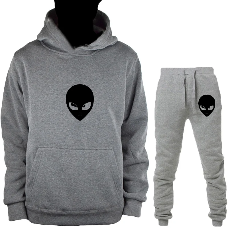 Gray-H-HuiK Alien толстовка с капюшоном+ брюки костюм для мужчин женщин осень зима пуловер Толстовка Топы с принтом по всему миру спортивный костюм повседневная одежда - Цвет: Gray-H-HuiK
