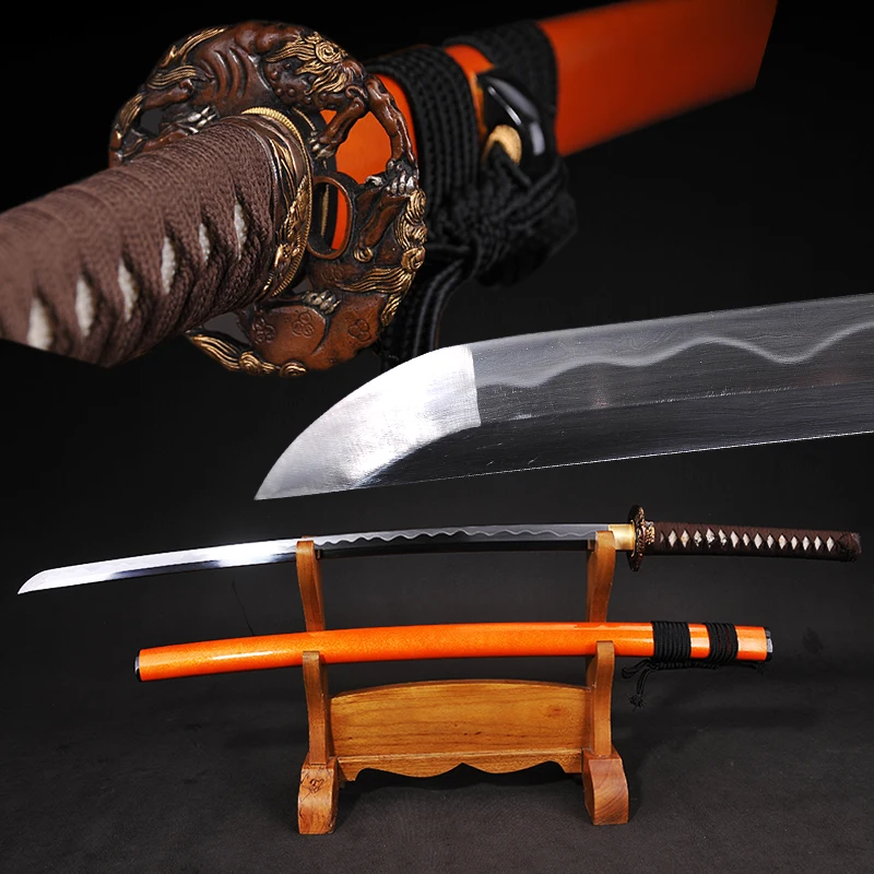 

104cm length long sword Japanese real Katana handmade quality samurai swords heat tempered sharp edge orange color wooden saya