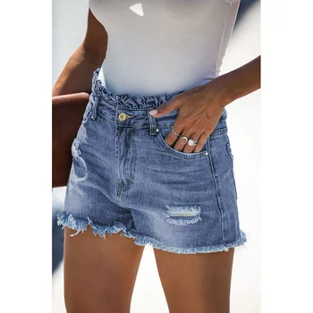 

2020 Summer Female High Waist Jeans New Ruffle Waist Denim Shorts for Woman Broken Holes Casual Ladies Jeans Shorts Bottoms S-XL