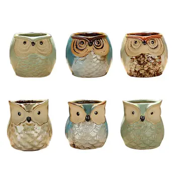 

6 Pcs 2.4 Inch Owl Pot Ceramic Flowing Glaze Base Serial Set Succulent Plant Pot Cactus Planter Bonsai Pots(Random Pattern)