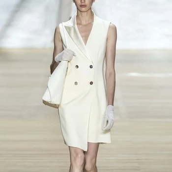 

Runway Designer New Sexy V-Neck Double Breasted Elegant Temperament Slim White Dress Spring Summer New High Quality Fashion