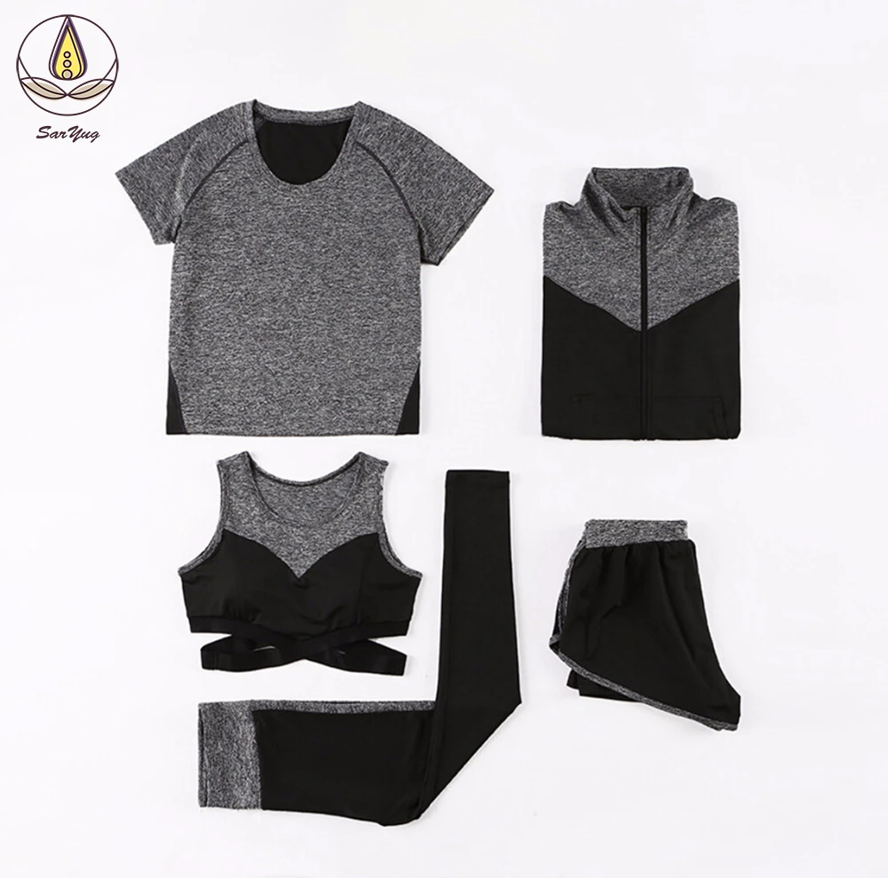 

New 5 Pcs Set Profession Sports Women Yoga Fitness Gym Clothing Quick Dry Patchwork Coats+t Shirt+bra+shorts+pants Plus Size 4xl