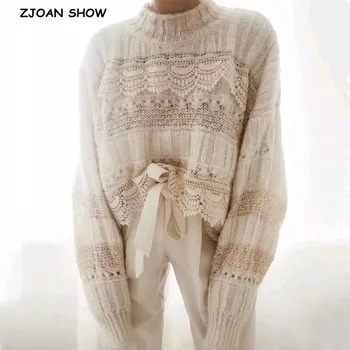 

2020 Spring Korea Style Vintage Stitching Lace Stripes Sweater O neck Long sleeve Loose Pullover Jumper