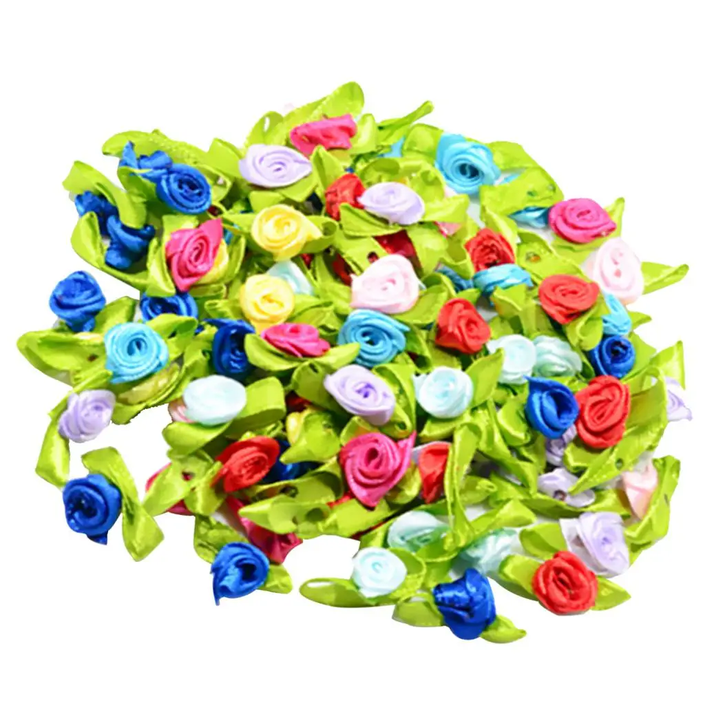 100 Pieces 15mm/0.59'' Flower Satin Ribbon Rose Buds Leaf Wedding Home Decor DIY Hairband Bow Sewing Crafts