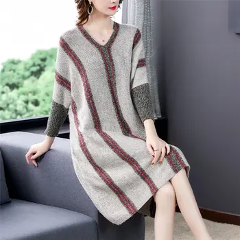 

Clothes 2020 Fall/Winter New Plus Size Temperament Mid-length Striped Lady Bat Sleeve Sweater Dress Women Vintage Knit Shirt y3