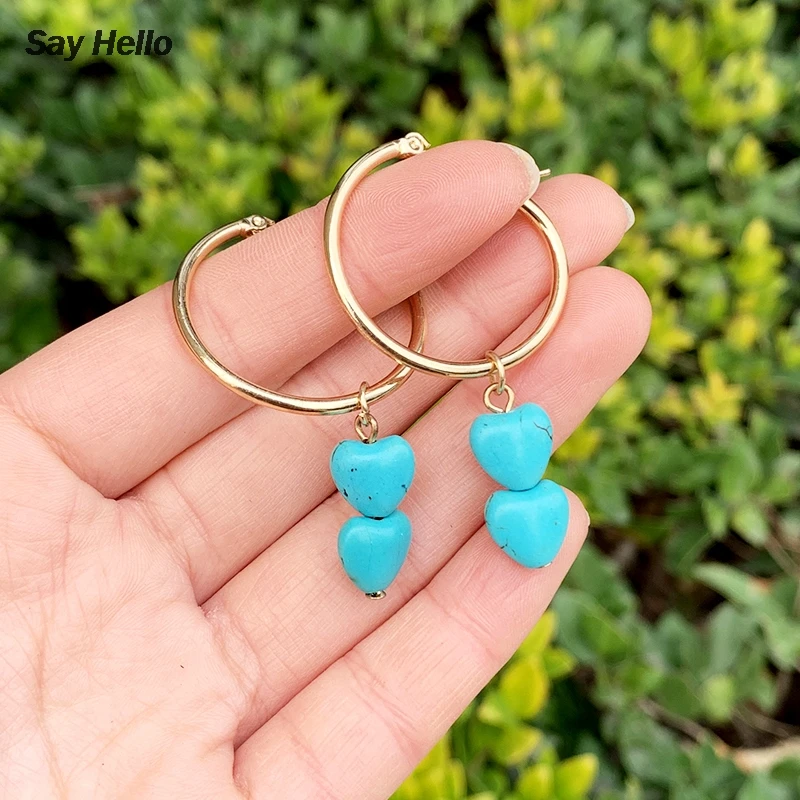 SAY HELLO Boho бирюзовые гладкие серьги-кольца с сердцем гравий геометрическое сердце