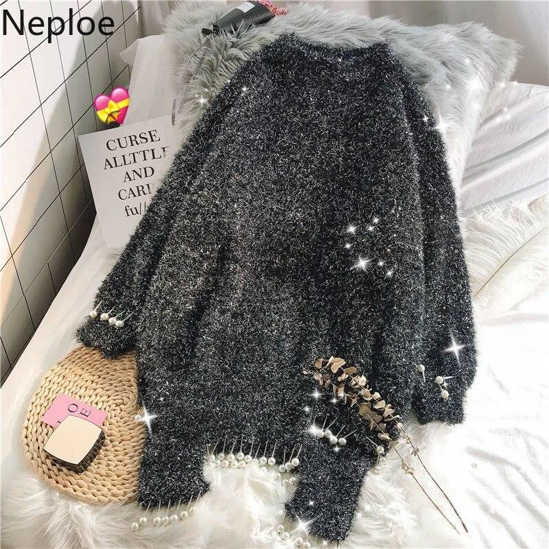 Neploe Loose Crazy Style Pullover Knit Sweater Thick Warm O Neck Beading Patch Long Sleeve Pull Femme Winter Clothes Solid 48351 | Женская