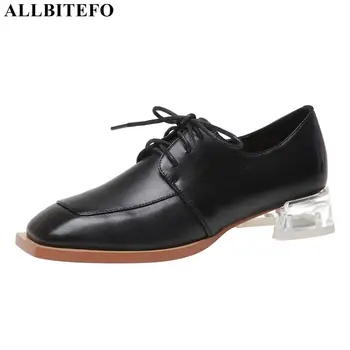 

ALLBITEFO lace-up Transparent heel design genuine leather women heels shoes spring fashion high heels women medium heel shoes