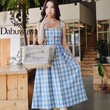 

Dabuwawa Plaid Print Fit and Flare Cami Dress Women Sleeveless Straps Button Front Elegant Long Dresses Female DT1BDR030