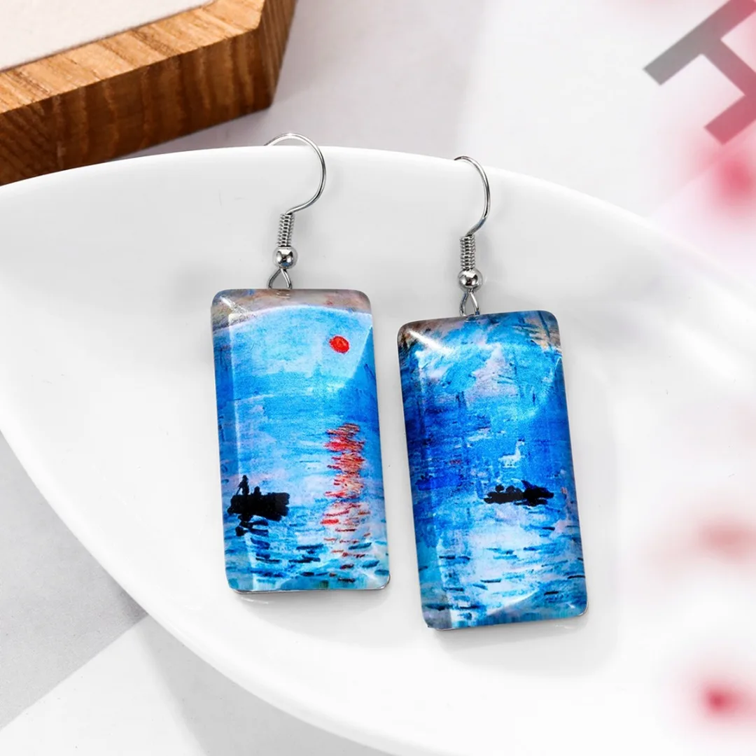 Art Resin Painting Personalized Earring For Women Tree Starry Sky Rectangular Geometric Earring Ocean Beach Style Party Jewelry