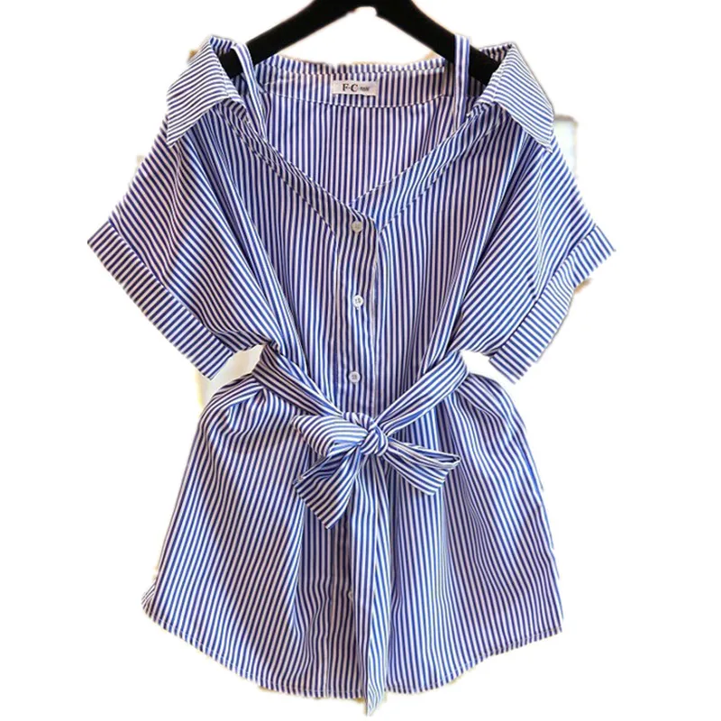 Super big size L-XXXL Summer Cotton Shirt Women Tops Slash Neck Short Sleeve Shirt Casual Lovely AB050