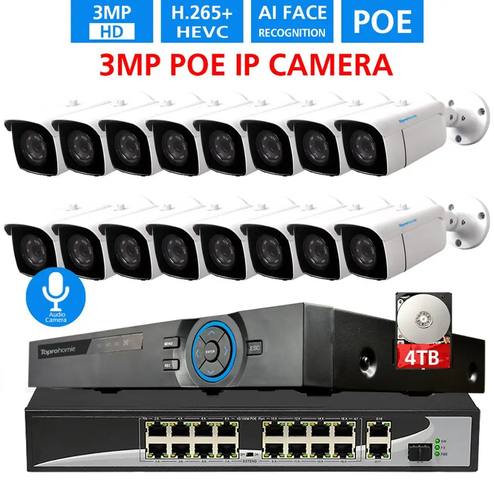 TOPROHOMIE H.265 + 16CH CCTV система 5MP POE NVR 48В 3.0MP аудио запись Onvif IP камера наружного