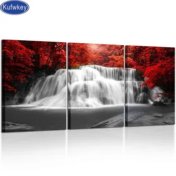 

diamond painting Triptych Red Woods Trees Waterfall 3 Pieces diamond embroidery full square drill mosaic diamond art landscape,