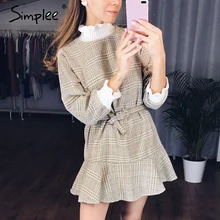 Simplee Элегантное платье в клетку женское коротким трикотажным платьем женское с рюшами и винтажными осенними офисными дамскими платьями