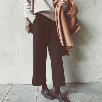

Women Fashion Solid Wide Leg Pants High Waist Loose Ankle-Length Trousers Thick Straight Pants 2020 Hot Sale