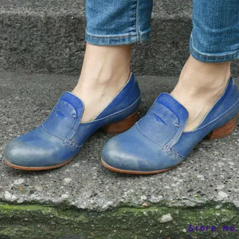 

Women Summer Pumps Low Heels Gladiator Vintage PU Leather Round Toe Ladies Slip On Shoes Woman Mujer Sapato Feminino HP2370