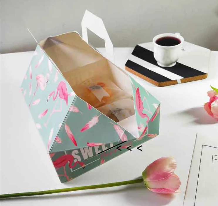 Бумажная коробка для торта с рисунком фламинго, Подарочная коробка, ручная коробка для конфет на десерт, бумажные коробки для свадебной вечеринки с ручкой, 100 шт./лот