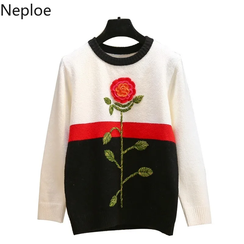 Neploe Fashion High Street Sweater Winter Women Flower Embroidery Knit Sweaters Patchwork Casual Pullover Jumper Pull Femme