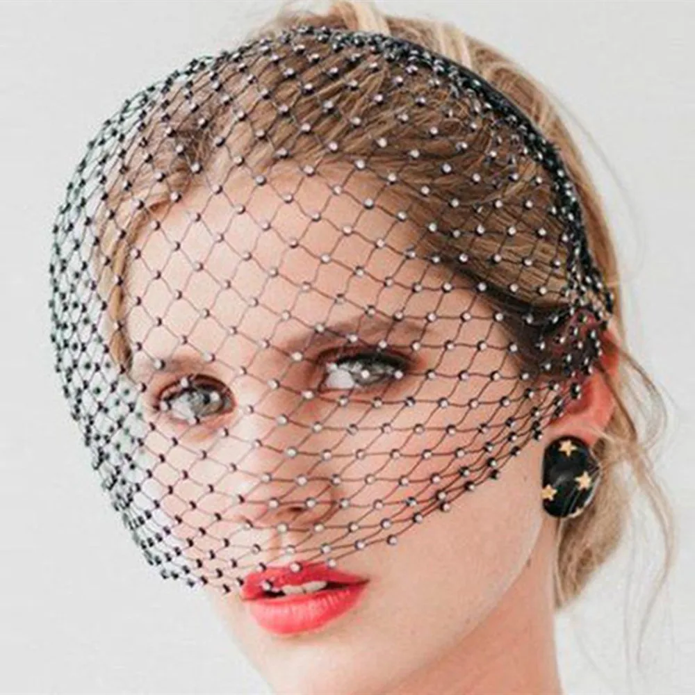 Mysterious Black Rhinestone Mesh Bridal Hair Hoop Headband Hair Jewelry for Women Crystal Birdcage Cover Face Hair Accessories