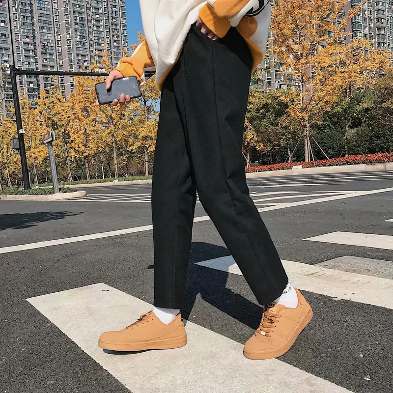 

INS Hong Kong Style Suit Pants Slacks Drape Autumn & Winter Men's Woolen Straight-Cut Capri Pants Teenager Versatile Network Red