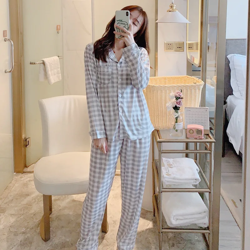 

Pajamas Women's Long Sleeve Classic Lattice Spring and Autumn Korean Printing Casual Thin Cardigan Two Piece Suit Sleep Tops