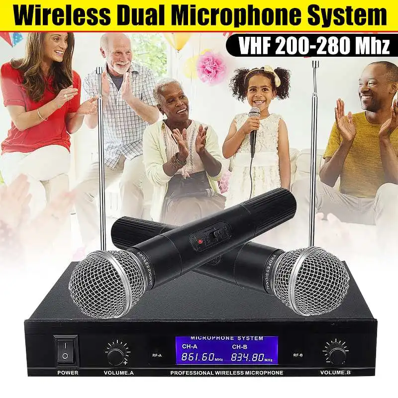 

VHF-280MHZ Wireless Dual Microphone System Transmitter Handheld Cordless Karaoke Microphone Speaker with Battery for KTV Party