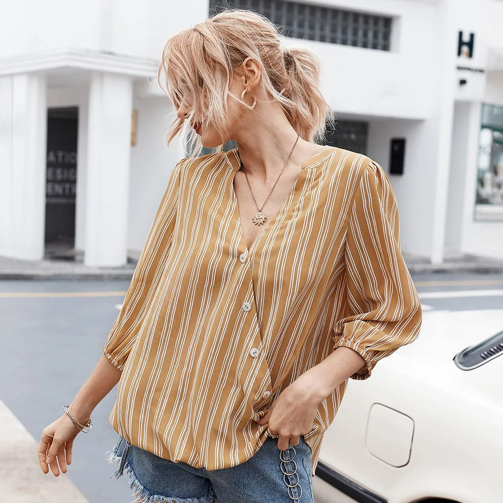 

Summer Office Lady Three Quarter Striped Blouse Women Loose V-neck Fashion Shirt Top 2020 New