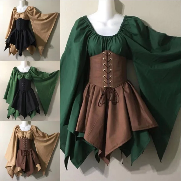 

Medieval Clothes Womens Vintage Renaissance Gothic Dress Long Sleeve Cosplay Costume Asymmetrical Lace Up Corset Dress 5XL