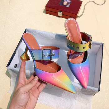 

Sandals Ladies Mules Slippers Pointed Toe Buckle Strap Colorful Metal Decoration PU Rainbow Fashion Shoes Female Summer 2020