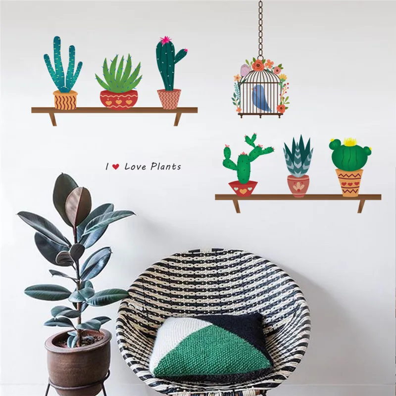 

Cactus Aloe Vera Flowers Pots Wall Stickers For Office Living Room Decoration Pastoral Mural Art Diy Home Decal Poster