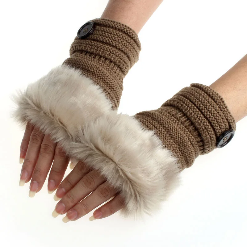 Модные женские туфли на платформе из искусственного кроличьего меха; сапоги ручной наручные вязаные крючком перчатки без пальцев, вязаный, на пуговицах Декор варежки зима-осень теплее