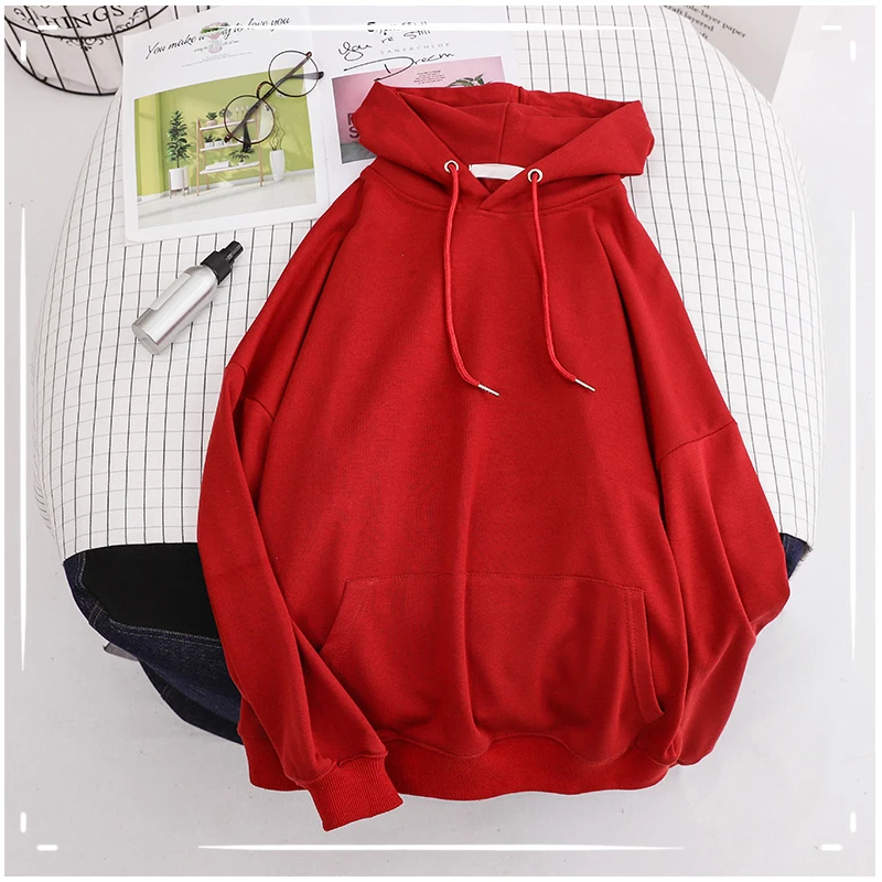 Red Shellsuning/10 цветов, базовая Хлопковая женская толстовка с капюшоном, осенняя однотонная мягкая плотная Толстовка большого размера, повседневный пуловер, универсальный топ - Цвет: Red