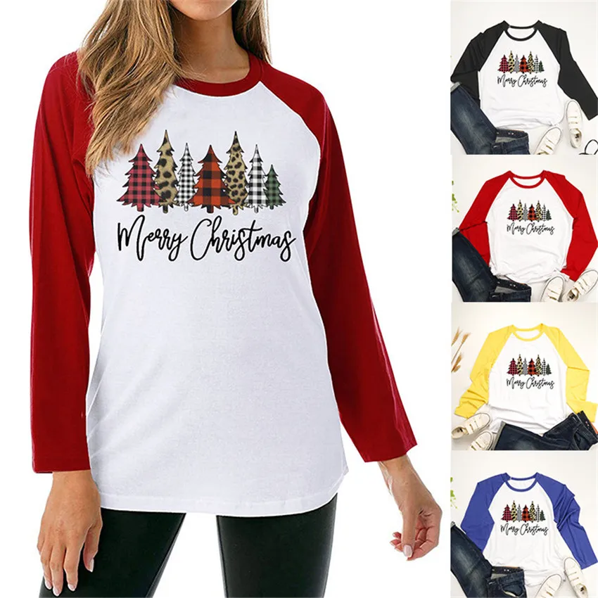 Рождественская футболка, женский топ с рождественской елкой, Женская Осенняя футболка с длинным рукавом, женские топы, футболка, Женская бейсбольная рубашка, Повседневная футболка