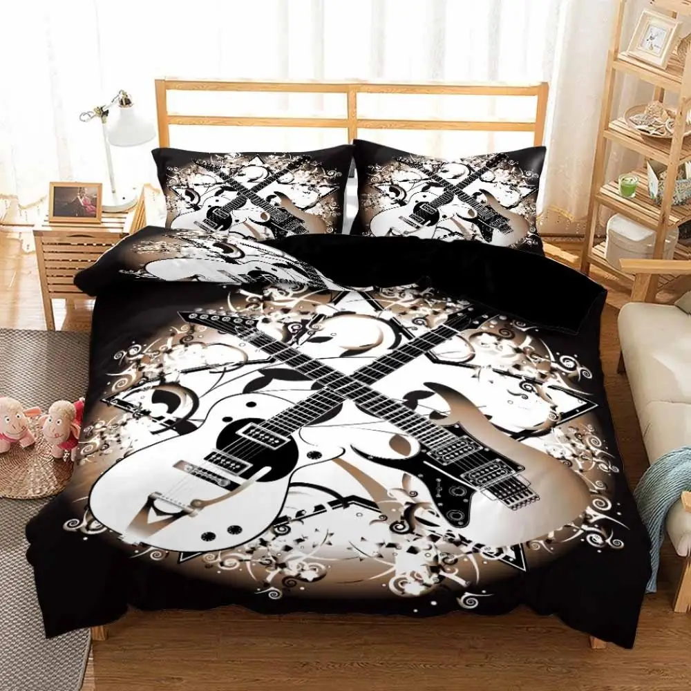 

Guitar Bedding Set Musical Notes Comforter Cover Rock and Roll Bedspreads Black Hand Drawn Bed Set Queen 2/3 Piece Set