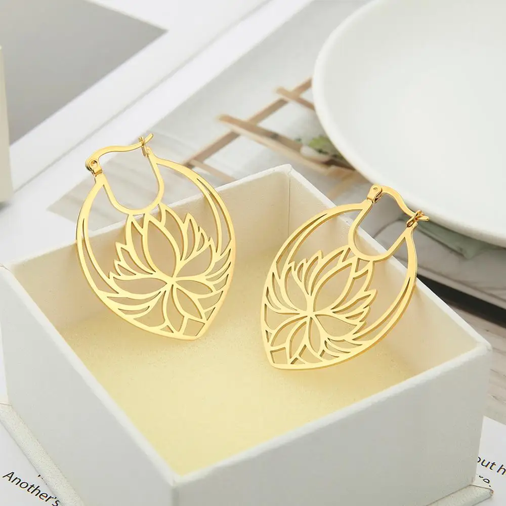 Skyrim Fashion Flower Lotus Hoop Earrings Stainless Steel Gold Color Boho Big Drop Earring Jewelry Gift for Women Female 2021 - Image 6