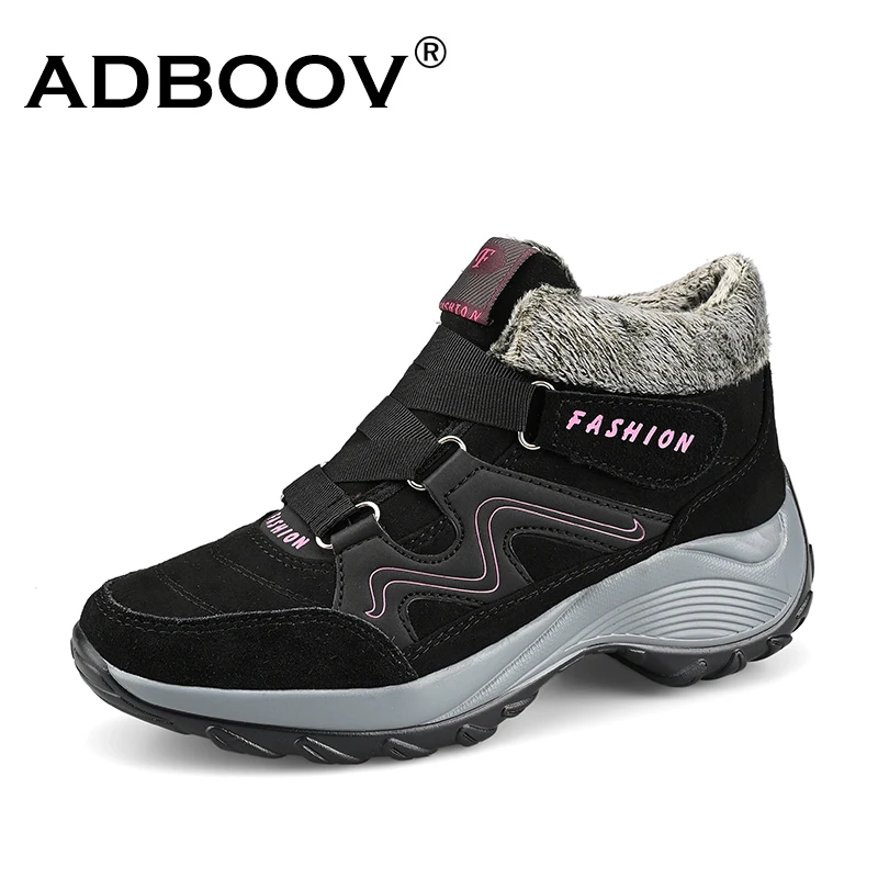 

ADBOOV High Top Winter Snow Boots Warm Fur Suede Outdoor Sneakers Women Body Building Black Wedges Shoes Ladies