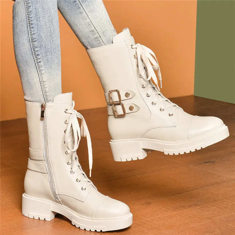 

HIgh Top Punk Creepers Women Cow Leather Military Riding Boots Lace Up Platform Party Pumps Shoes Round Toe Oxfords Shoe Size4-8