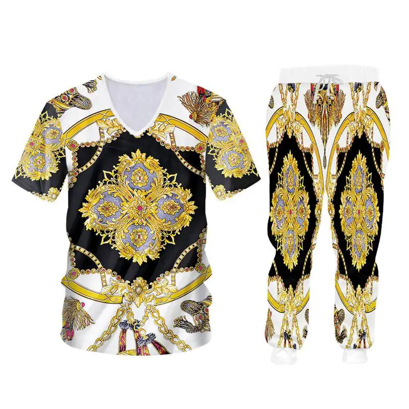 t shirt pants set 02 Бренд барокко мужские толстовки на молнии куртка+ спортивные костюмы Новинка 3D золотой цепи печати спортивный костюм унисекс тренажерный зал одежда на заказ - Цвет: t shirt pants set 02