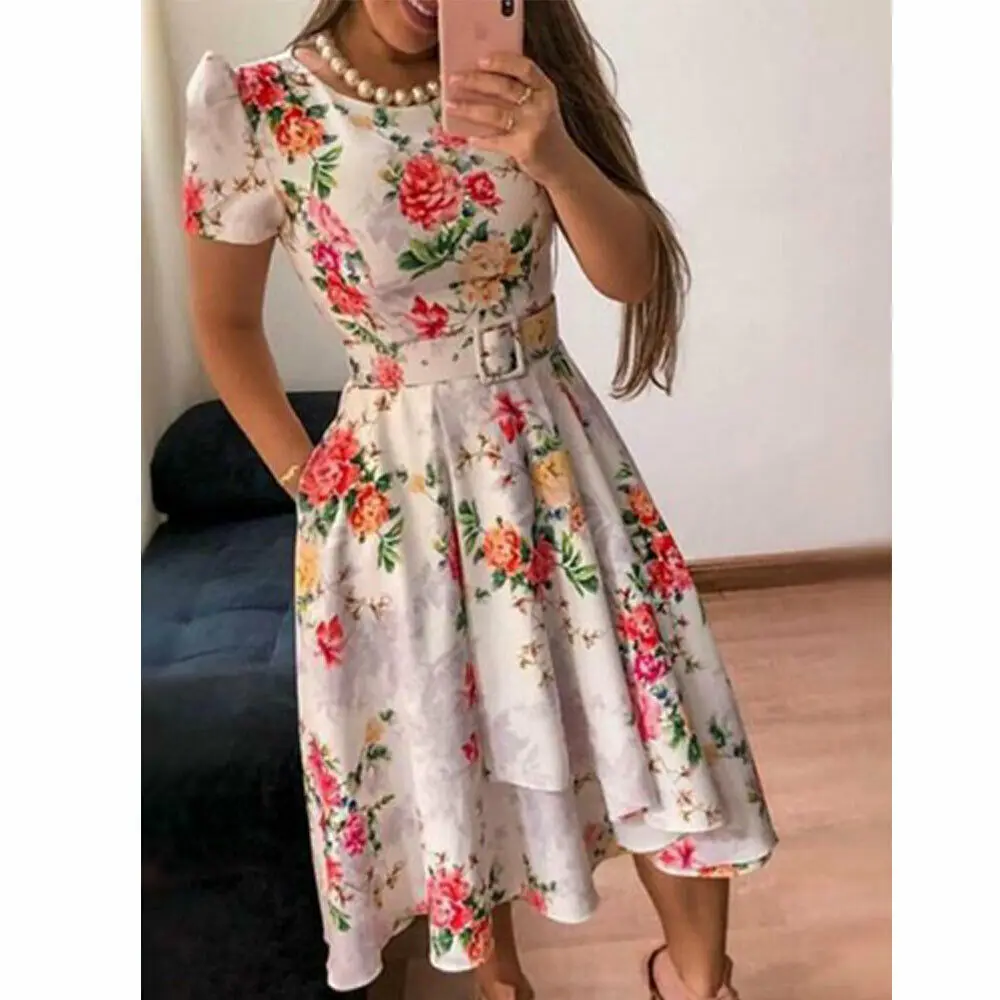 

Fashion Women Summer Boho Floral Print Midi Dress Elegant Ladies Short Sleeve Holiday Beach Casual Dress Sundress