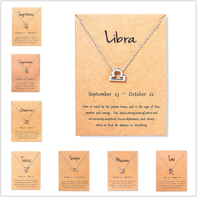 Silver Color Chain Zodiac Pendant Necklace For Women Constellation Star Sign Wish Card Choker Jewelry | Украшения и аксессуары