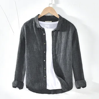 

2020 Men's Long Sleeve Shirts 100%Linen Summer Casual Fashion Solid Gray Shirts Man Turn-down Collar Blouse Tops Y2490