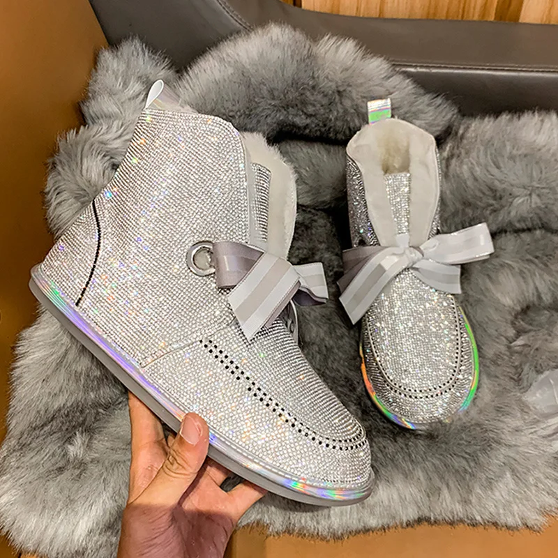 

Womens Round Toe Rhinestones Crystal Ankle Boots Bowtie Lace Up Bling Wool Liner Snow Winter Warm Shoes ugs australia boots