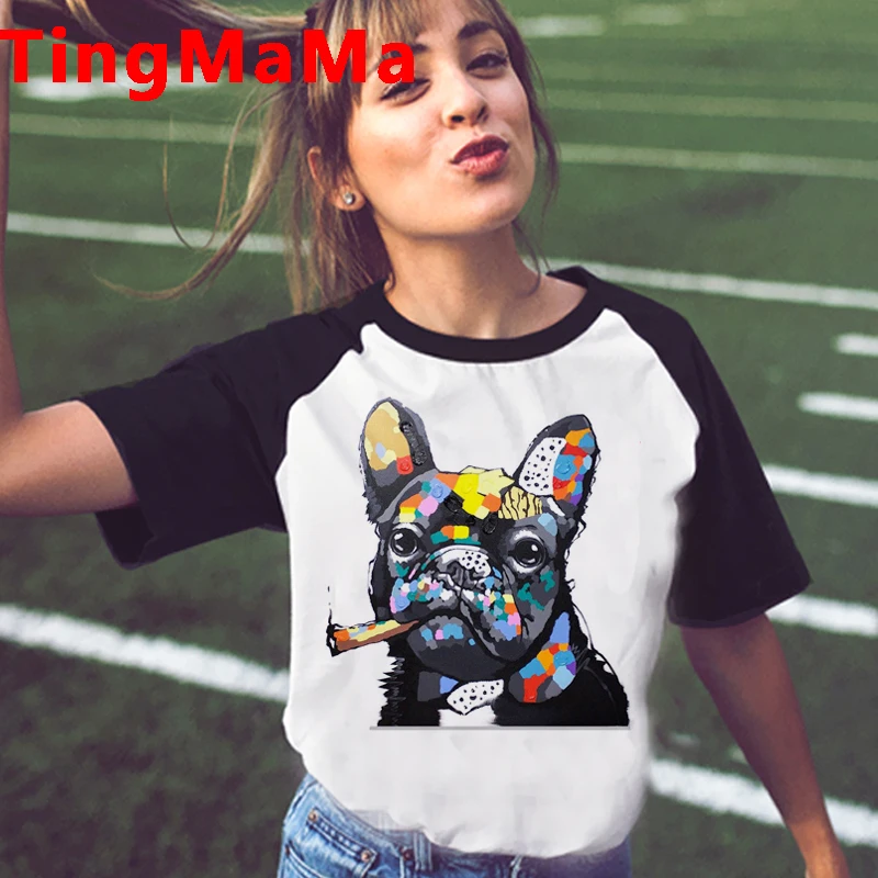 

Футболка Kawaii с изображением французского бульдога, женские забавные летние топы, мультяшная футболка, женские футболки Harajuku с рисунком питбуля, женские футболки унисекс