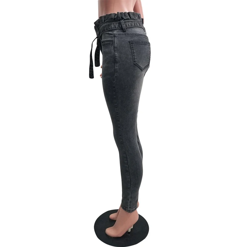 Women Slim Bow Tie Casual Solid High Waist Skinny Jeans Ladies Fashion Zipper Pockets All-match Streetwear Pencil Pants SJ4655U
