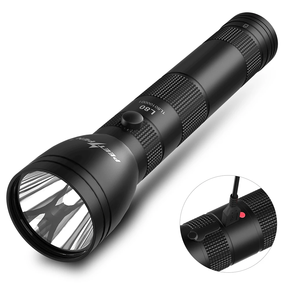 LED USB Rechargeable Flashlight 2-Cell D Full Size Heavy-Duty Flashlight 1500 Lumens Water-Resistant With Battery PEETPEN L80