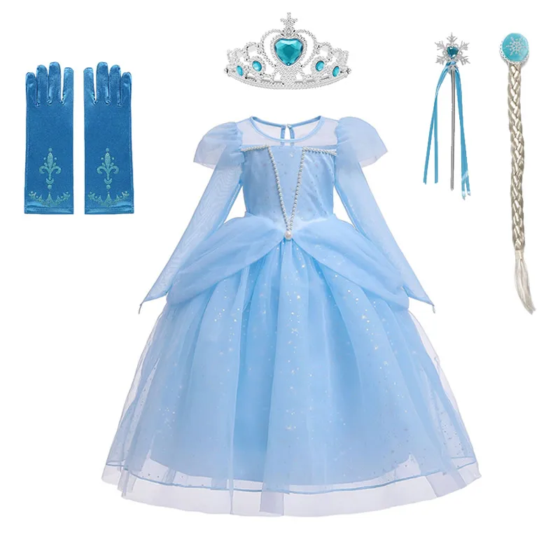 Платье Эльзы для девочек; костюмы принцессы с длинными рукавами; Осенняя свадебная одежда с цветочным узором для девочек; От 3 до 8 лет; бальное платье; нарядная одежда на Хэллоуин; цвет синий, розовый - Цвет: Elsa Sets A